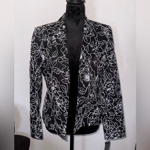 Jones New York Linen Floral Blazer Jacket Embroidered Black White